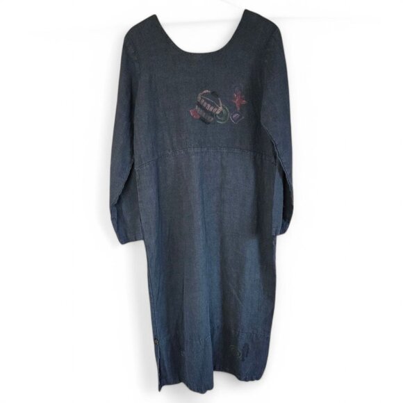 Vintage Lucky & Izzy M/L Linen Long Sleeve Dress Hand Painted Wearable Art Boho - Picture 2 of 10